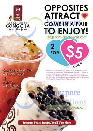 Featured image for (EXPIRED) Gong Cha $5 For Two Drinks Promo @ Islandwide 13 – 17 Feb 2013