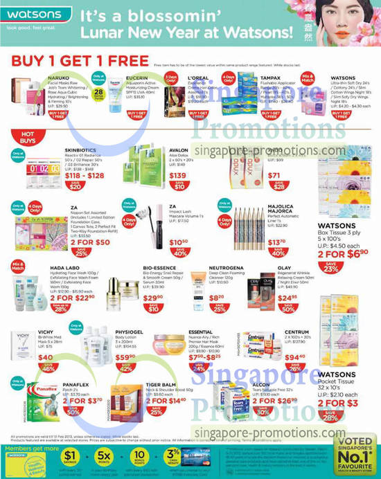 Hot Buys, Buy 1 Get 1 Free, Naruko, Eucerin, Loreal, Avalon, Skinbiotics, Physiogel, Vichy