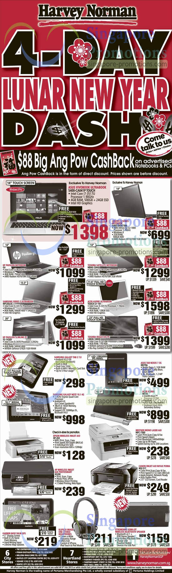 Notebooks, Tablets, HP, Toshiba, Acer, Samsung, Epson, Asus, Canon, Brother, Garmin, Klipsch