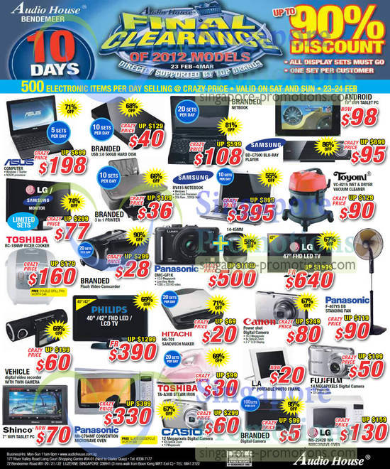 Samsung RV415 Notebook, Toyomi VC-8215 Vacuum Cleaner, Toshiba RC-18NMF Rice Cooker, Panasonic DMC-GF1K Digital Camera