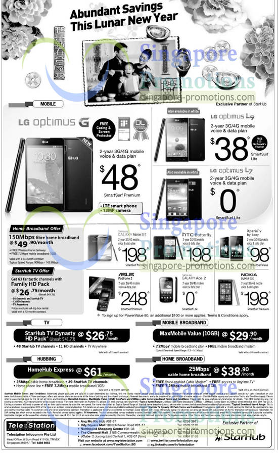 Telestation, Samsung Galaxy Ace 2, Note II LTE, LG Optimus G, L9, L7, HTC Butterfly, Sony Xperia V, Asus Padfone 2, Nokia Lumia 920, 150Mbps Home Broadband