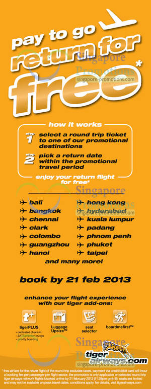 Featured image for (EXPIRED) TigerAir Pay To Go, Return For FREE Promo 19 – 21 Feb 2013