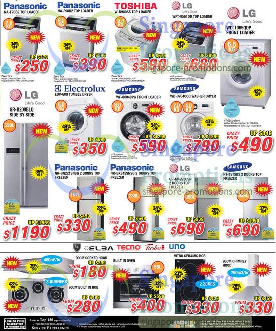 Washers, Fridges, Panasonic, Toshiba, LG, Electrolux