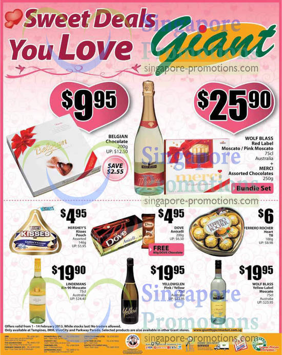 Wines, Chocolates, Wolf Blass Red Label, Moscato, Lindemand Bin 90, Yellowglen, Hersheys Kisses, Dove Amicelli, Ferrero Rocher