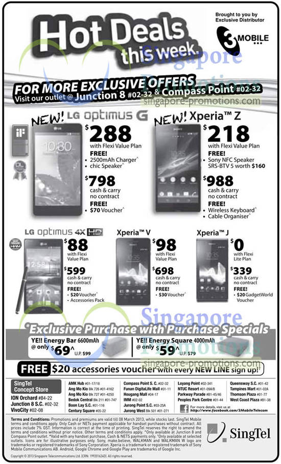 3Mobile LG Optimus G, 4X HD, Sony Xperia Z, Sony Xperia V, Xperia J