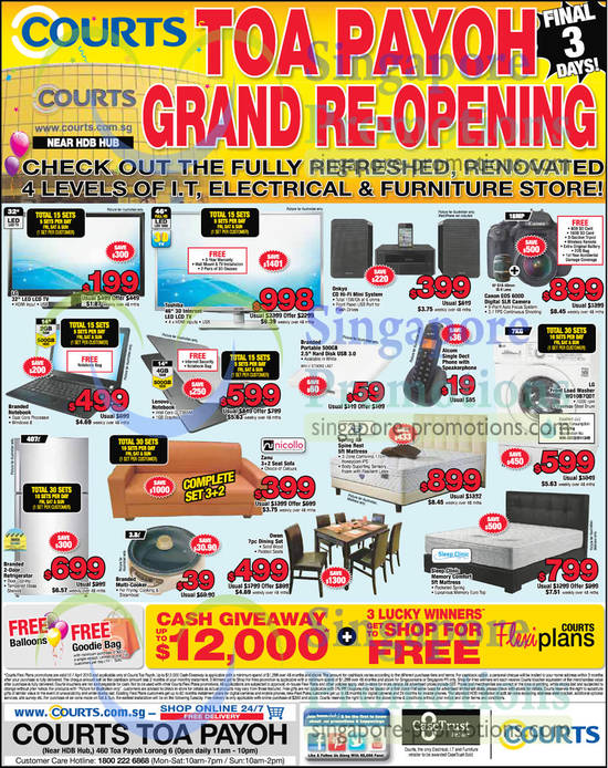 5 Apr LED TVs, Notebooks, Mattresses, Digital Camera, Dining Set, Fridge, LG, Toshiba, Canon, Sleepclinic, Nicollo, Spring Air, Lenovo