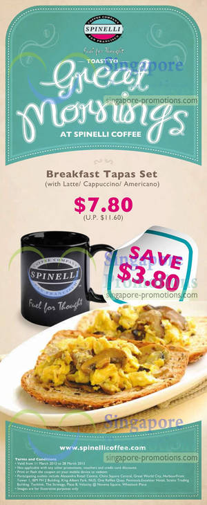 Featured image for (EXPIRED) Spinelli Coffee Breakfast Dine-In Coupons 11 – 28 Mar 2013