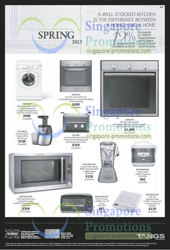 Ariston Washer, Oven, Mayer BBQ Grill, Naturai Juicer, Electrolux Blender, Induction Cooker, Rice Cooker