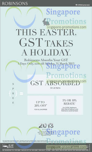 Featured image for (EXPIRED) Robinsons GST Absorbed Promotion 28 – 31 Mar 2013