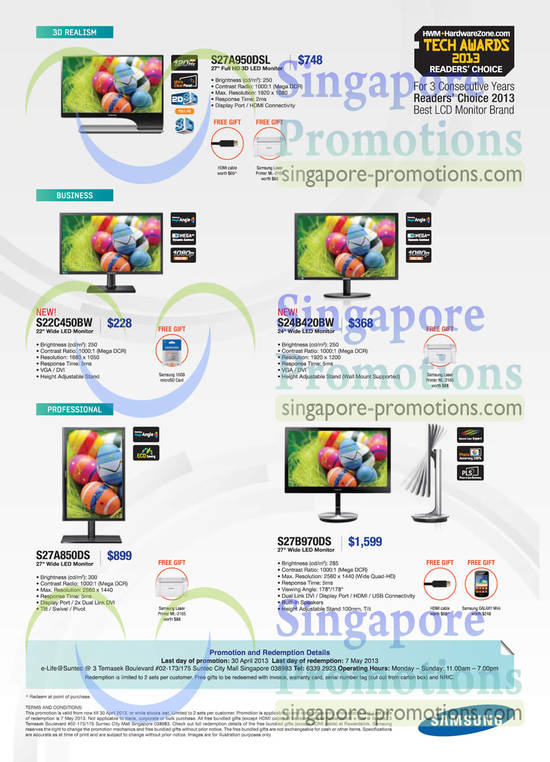 LED Monitors S27A950DSL, S22C450BW, S24B420BW, S27A850DS, S27B970DS