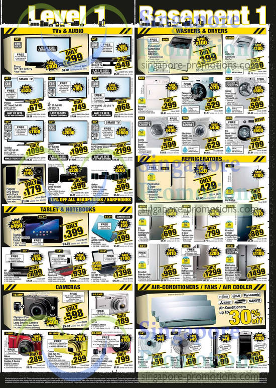 LED TVs, Tablets, Notebooks, Digital Cameras, Washers, Refrigerators, Air Conditioners, Sharp, Toshiba, Olumpus, Sony, Acer, Mitsubishi Electric, LG, Candy, Panasonic, Electrolux