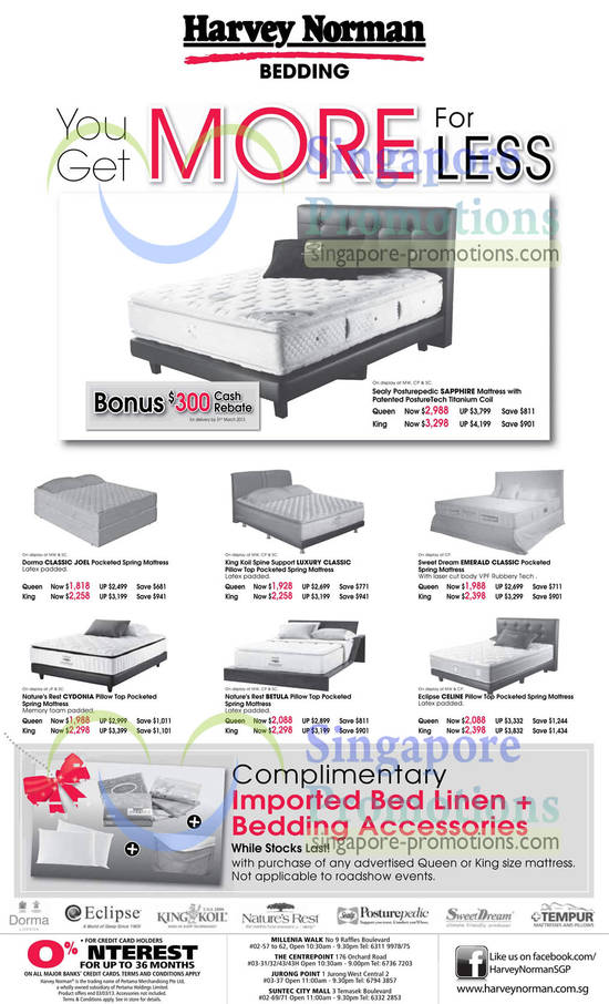 Mattresses, Sealy Posturepedic Sapphire, Dorma Classic Joel, King Koil Spine Support Luxury Classic, Natures Rest Cydonia