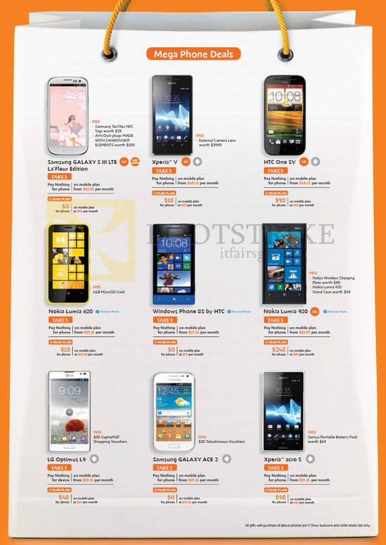 Mobile Phones Samsung Galaxy S III LTE, Galaxy Ace, Sony Xperia V, Acro S, LG Optimus L9, HTC One SV, Nokia Lumia 620, 920, HTC Windows Phone 8S