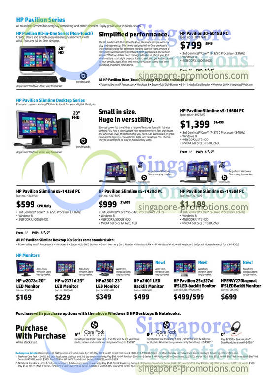 Pavilion Desktop PCs, LED Monitors, 20-b018d, s5-1460d, s5-1435d, s5-1430d, s5-1450d, w2072a, X2301, X2401, 25xi, 27xi, ENVY 27