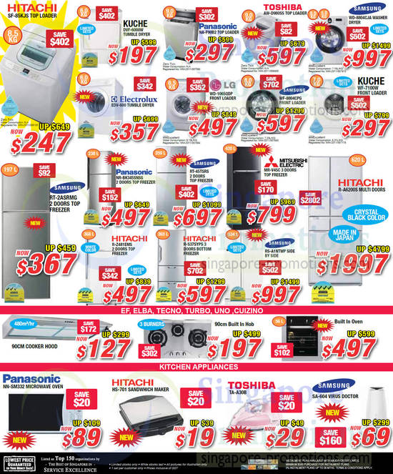 Washer, Fridge, Oven, Sandwich Maker, Iron, Hitachi, Kuche, Panasonic, Toshiba, LG, Samsung, Electrolux