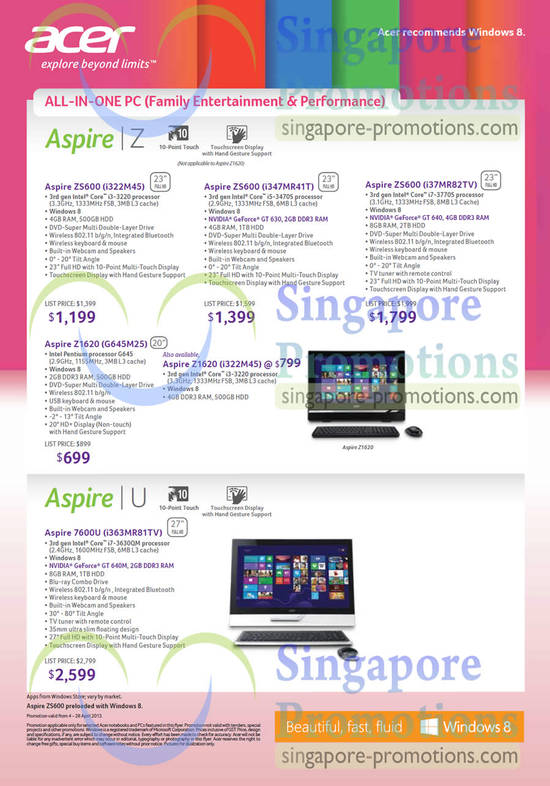 AIO Desktop PCs ZS600 i322M45, i347MR41T, i37MR82TV, Z1620 G645M25, i322M45, 7600U i363MR81TV