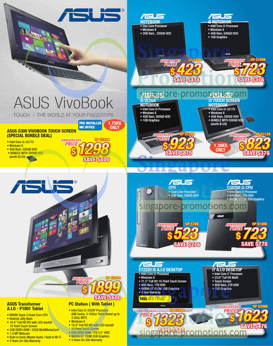 ASUS P1801 Transformer AIO, S300 VivoBook Touch Notebook, ET2220 AIO Desktop PC