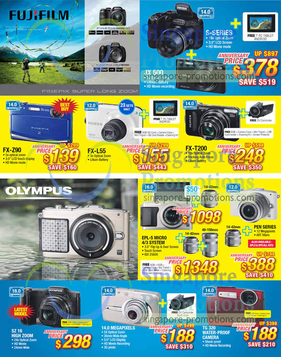 Digital Cameras, Fujifilm FinePix JX500, FX-Z90, FX-L55, FX-T200, Olympus Stylus SZ16, Tough TG320, PEN EPL-5