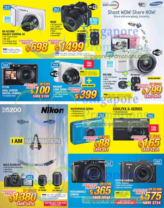 Digital Cameras, Samsung EK-GC1000, NX20, NX1000, PL120, Nikon D5200 DSLR