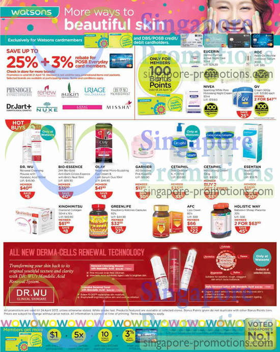 Hot Buys, Up To 25 Percent Off, ROC, Bio Essence, Olay Regenerist, AFC Lipo Down, Kinohimitsu, Cetaphil, Green Life