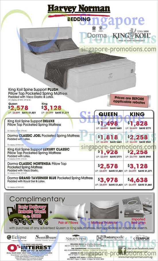 Mattresses, King Koil Spine Support Plush, Deluxe, Luxury Classic, Dorma Classic Joel, Classic Hortensia, Grand Tavernier