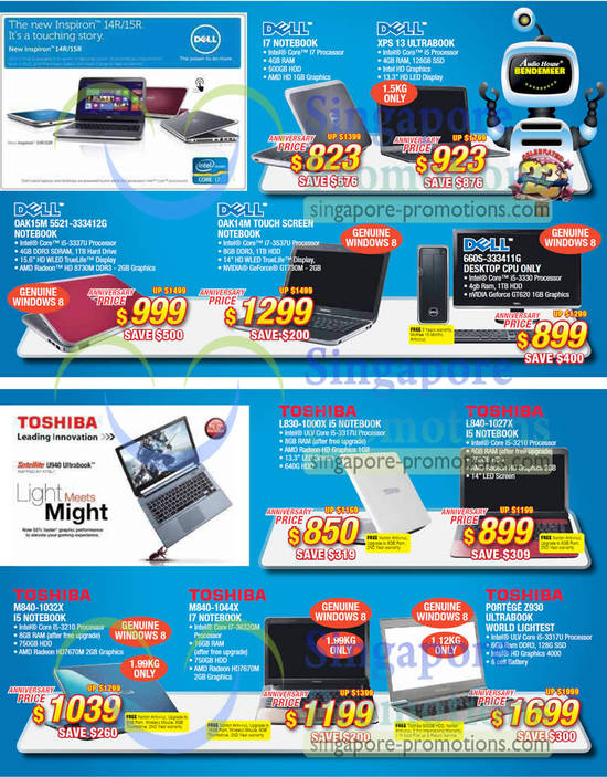 Notebooks, Ultrabook Notebooks, Dell XPS 13, Inspiron, Toshiba Satellite M840, L830, L840, Portege Z930