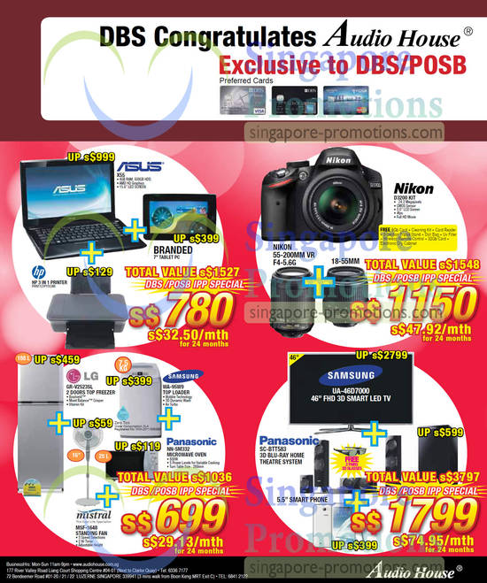 Package Deals, Asus Notebook Tablet Pc, Nikon D3200 DSLR Camera, LG Fridge, Samsung Washer, Panasonic Oven, Panasonic LED TV, Home Theatre System