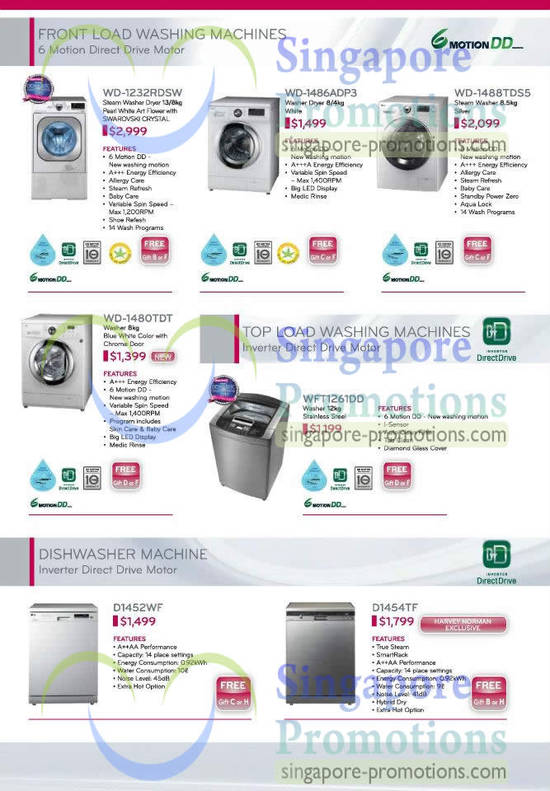 Washer Dryers, Washers, Dishwasher, Fridge, LG WD-1232RDSW, WD-1486ADP3, WD-1488TDS5, WD-1480TD, WFT1261DD, D1454TF