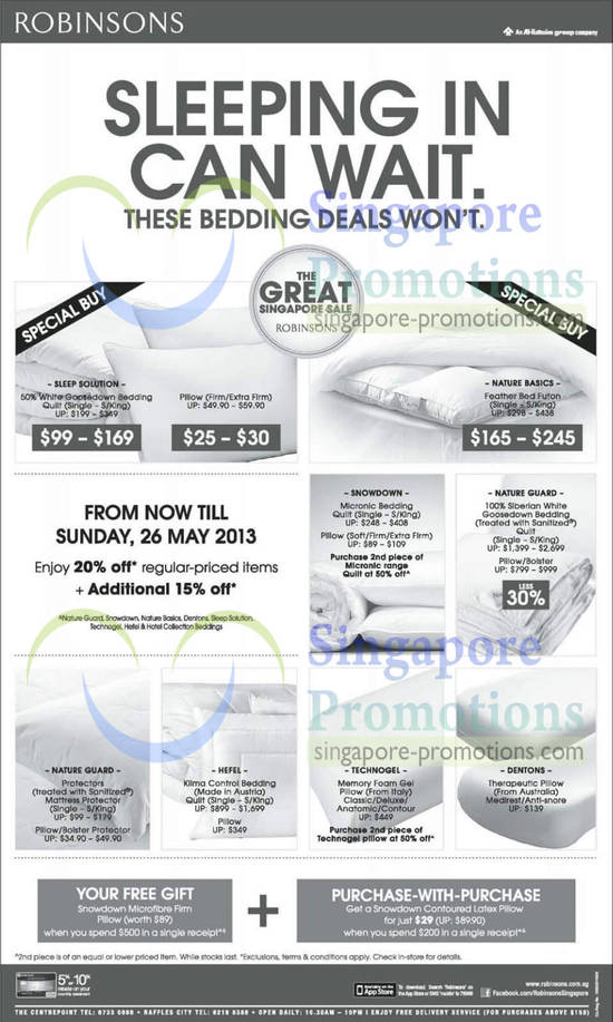 23 May Bedding Deals, Pillows, Dentons, Hefel, Nature Guard, Technogel, Snowdown, Nature Basics, Sleep Solution