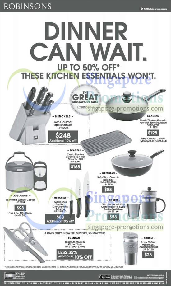 23 May Kitchen Essentials Henckels, Scanpan, Greenpan, La Gourmet, Bodum