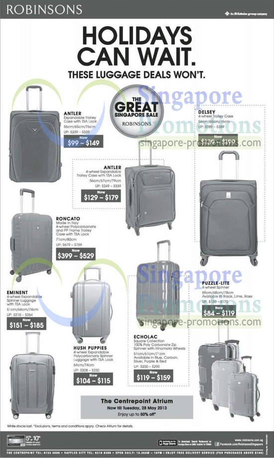 23 May Trolley Cases Antler, Delsey, Roncato, Eminent, Puzzle Lite, Echolac, Hush Puppies