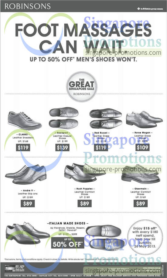 24 May Mens Shoes Clarks, Rockport, Hush Puppies, Andre V, Rad Russel, Borse Mogan, Obermain