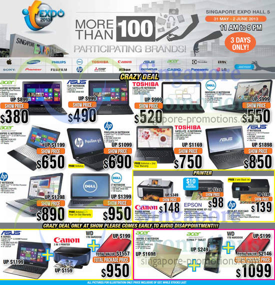 31 May Notebooks, Printers Acer, Asus, Toshiba, Dell, HP, Canon, Epson