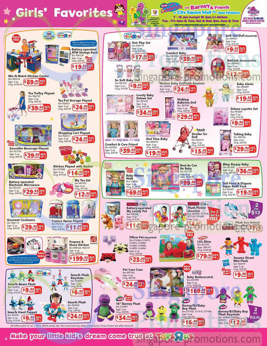 Girls Favourites, Dolls, Playsets, Plush Toys, Barney, Smurfs, Just Like Home, You & Me, Baby Alive, FurReal