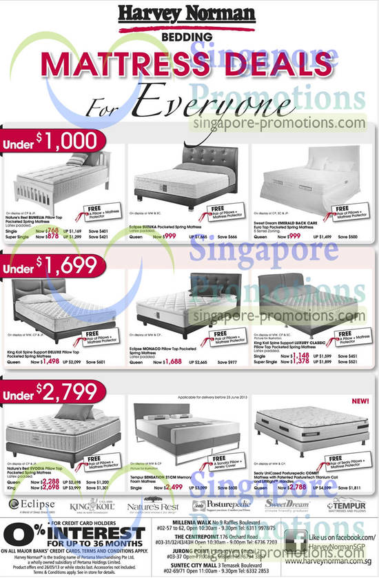 Mattresses Natures Rest, Eclipse, Sweet Dream, King Koil, Tempur, Sealy