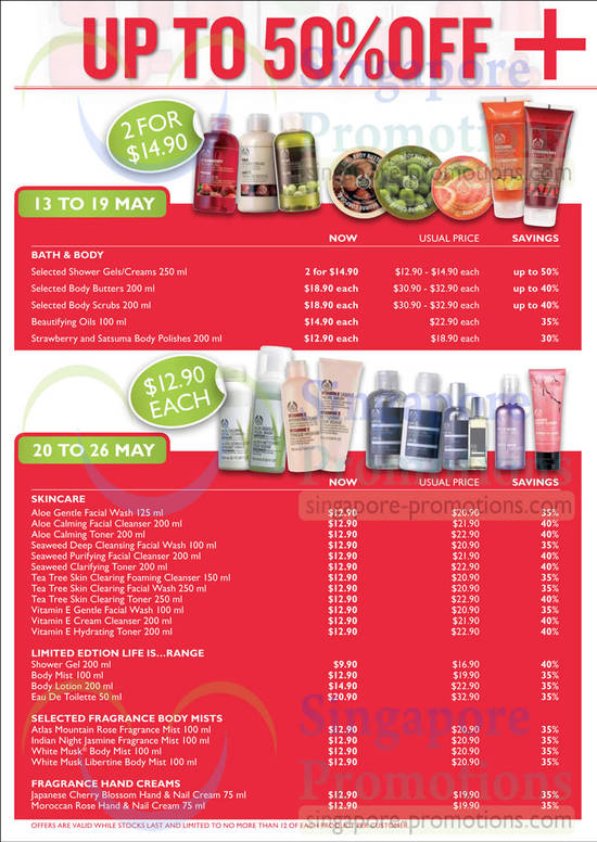 Up To 50 Percent Off Weekly Specials, 13 to 19 May, 20 to 26 May, Bath n Body, Skincare, Hand Creams