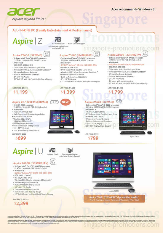 AIO Desktop PCs Aspire ZS600, Aspire ZC-102, Aspire Z1620, Aspire 7600U