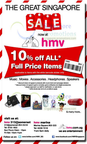 Featured image for (EXPIRED) HMV 10% Off All Full Priced Items Promo 12 Jun 2013