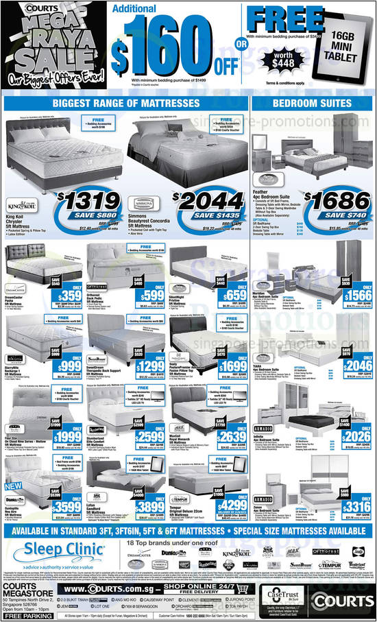 Mattresses, King Koil, Simmons, Dreamcaster, Orthorest, StarryNite, SweetDream, Sealy, Four Star, Slumberland, MaxCoil, Dunlopillo, Lotus, Tempur