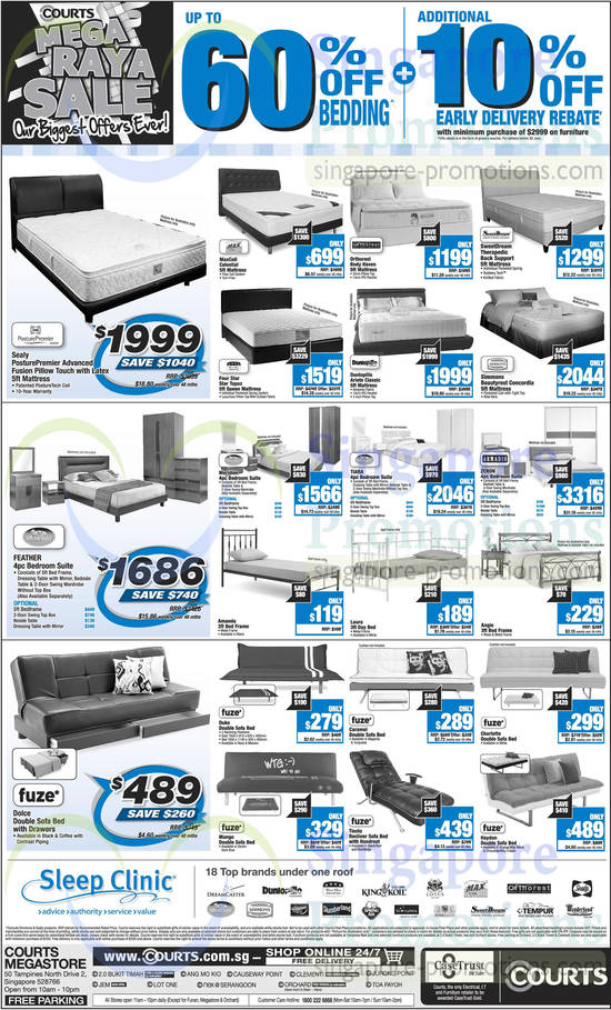 Mattresses, Sofa Beds, Sealy, MaxCoil, Four Star, Orthorest, Dunlopillo, SweetDream, Simmons, Fuze