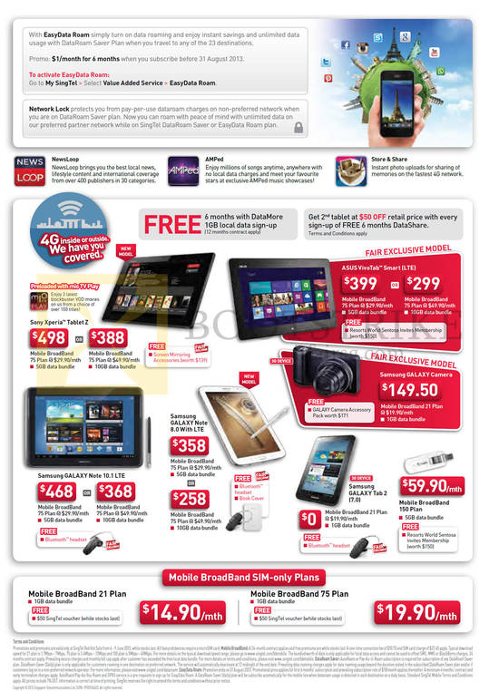 Mobile Broadband Plans, Tablets Sony Xperia Tablet Z, ASUS VivoTab Smart LTE, Samsung Galaxy Camera, Note 8.0, Note 10.1 LTE, Tab 2 7.0