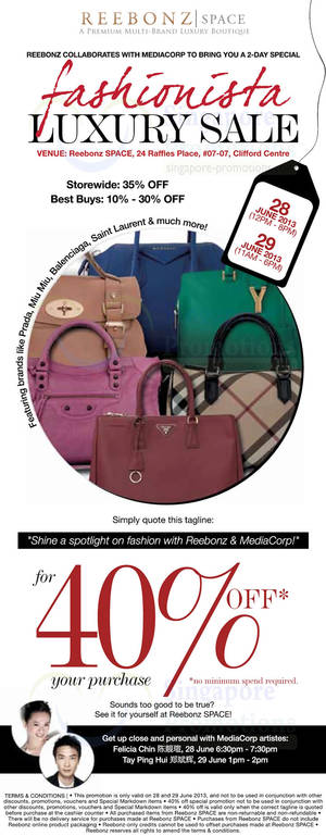 Featured image for Reebonz Branded Handbags Sale Up To 90% Off @ Clifford Centre 28 – 29 Jun 2013