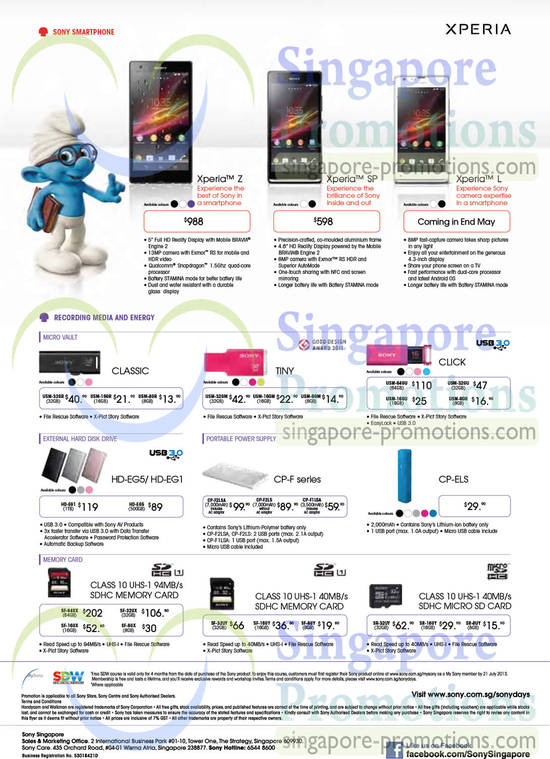 Smartphones, Micro Vaults, Hard Disks, Portable Power Supply, Memory Cards, Sony Xperia Z, Xperia SP, Xperia L