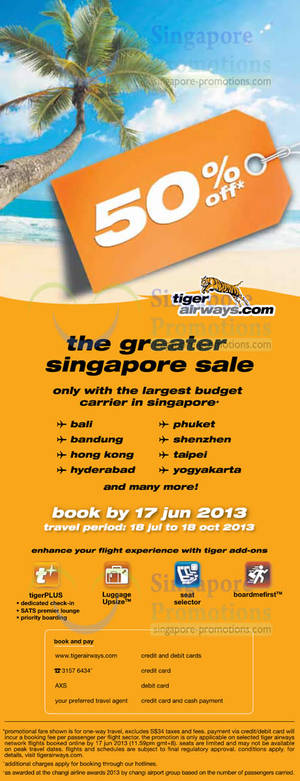 Featured image for (EXPIRED) TigerAir 50% Off Air Fares Sale 11 – 17 Jun 2013