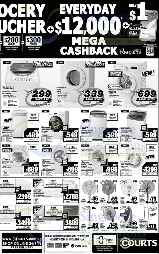 Washers, Fans, Air Cooler, Toshiba, Electrolux, Samsung, Panasonic, Candy, Bosch, EuropAce, KDK, Honeywell, Dyson