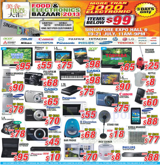 19 Jul Below 99 Deals, TVs, Digital Cameras, Washer, Fridge, Microwave Oven, Rice Cooker, Acer, Asus, Canon, Fujifilm, Dell, Hitachi