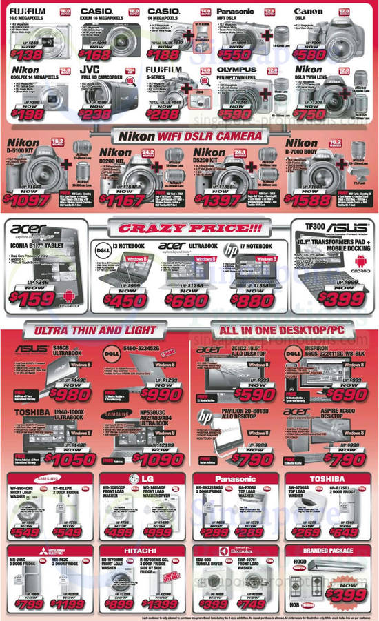 19 Jul Digital Cameras, Notebooks, Washers, Fridges, Fujifilm, Casio, Panasonic, Nikon, Canon, Acer, Dell, HP, Toshiba, Samsung, LG