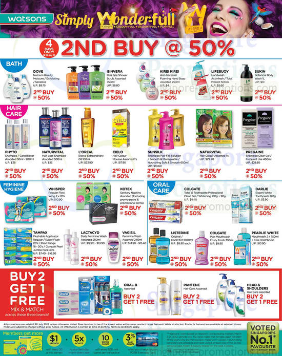 2nd Buy 50 Percent Off, Dove, Ginvera, Phyto, Sunsilk, Whisper, Kotex, Colgate, Listerine