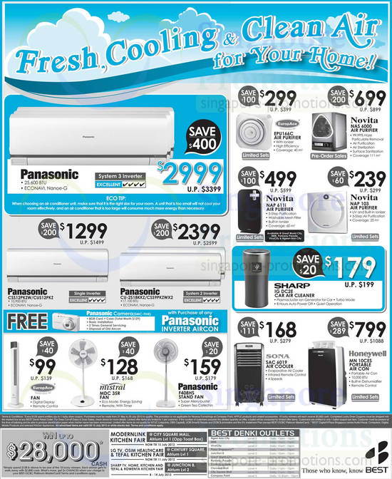 Air Conditioners, Air Purifiers, Fans, Air Coolers, Panasonic, Europace, Novita, Sharp, Sona, Honeywell, Mistral