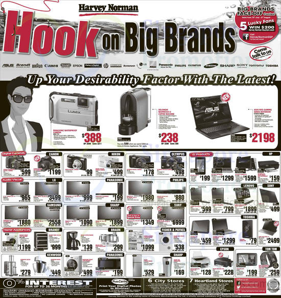 Digital Cameras, TVs, Washers, Microwave, Coffee Maker, Dryer, Fridges, Printers, Notebooks, PCs, GPS, Pnaasonic, Canon, Nikon, Olympus